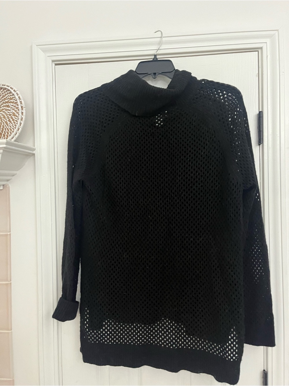 Neiman Marcus Black Open-Knit Cashmere Wool Turtleneck Sweater